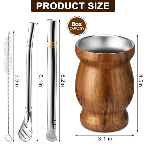 Husfunov 8oz Yerba Mate Cup 304 Stainless Steel DoubleWall Mate Cup Heat Insulation Yerba Mate Gourd Tea Cup Set Includes Cleaning Brush 2 Bombillas Wood - Image 3