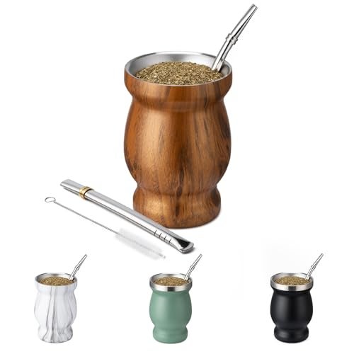 Husfunov 8oz Yerba Mate Cup 304 Stainless Steel DoubleWall Mate Cup Heat Insulation Yerba Mate Gourd Tea Cup Set Includes Cleaning Brush 2 Bombillas Wood - Image 1