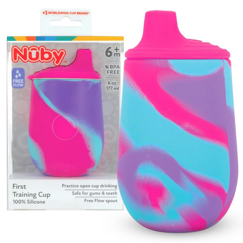 Nuby Silicone Tie-dye First Training Cup with Free Flow Soft Spout - 6oz, 6+ Months, Pink/Purple - Image 1