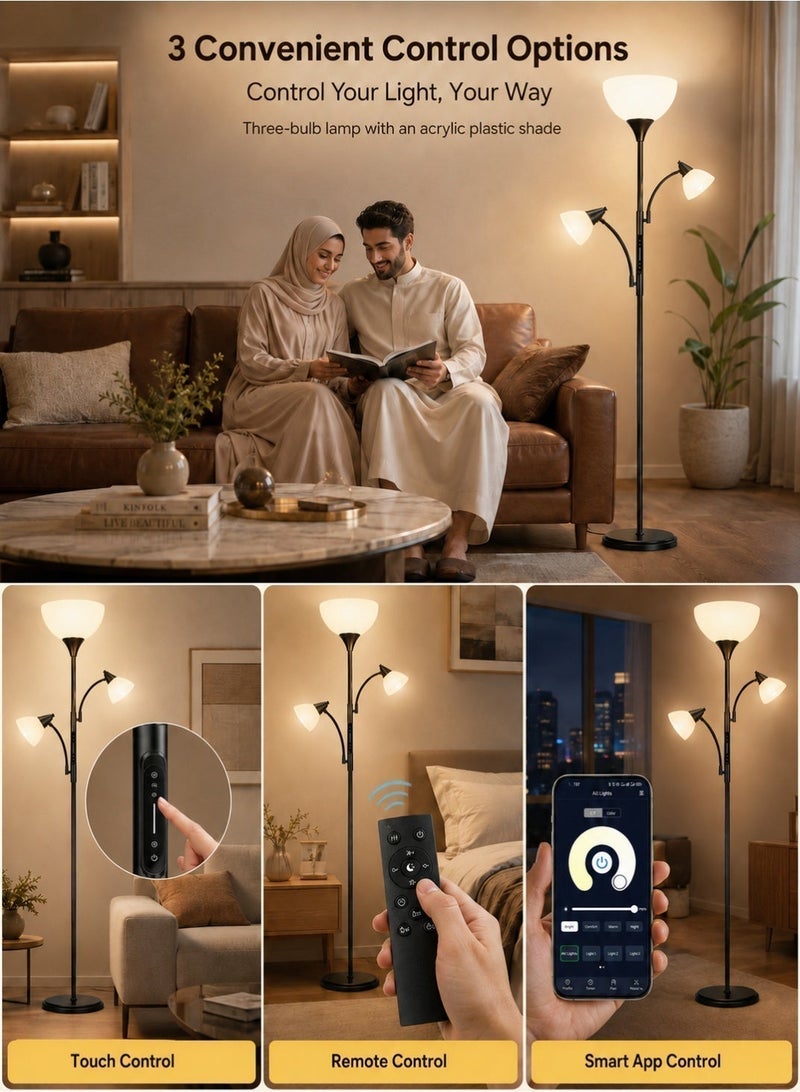 OUTON مصباح أرضي مزود بجهاز تحكم عن بُعد وتطبيق، مصباح أرضي عصري قابل لتعديل السطوع لغرفة المعيشة وغرفة النوم وغرفة الألعاب، درجات حرارة لونية من 3000 كلفن إلى 6000 كلفن، مصباح أرضي عصري فاخر باللون الأسود غير اللامع، يشمل 3 لمبات - Image 3