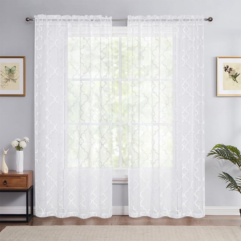 Urban Lotus Moroccan Sheer Curtains for Bedroom Living Room 95 Geometric Lattice Embroidered on White Linen Textured Curtains Rod Pocket Embroidery SemiSheer Window Treatment Drapes for Hotel 52 W 2pcs