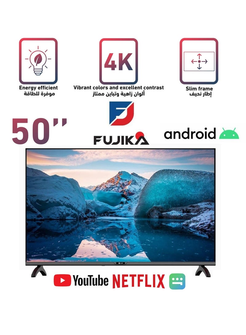 FUJIKA 50-inch Smart 4K UHD Frameless TV with USB and Wall Mount, Black, Android OS, Model FJK-50KS - Image 1