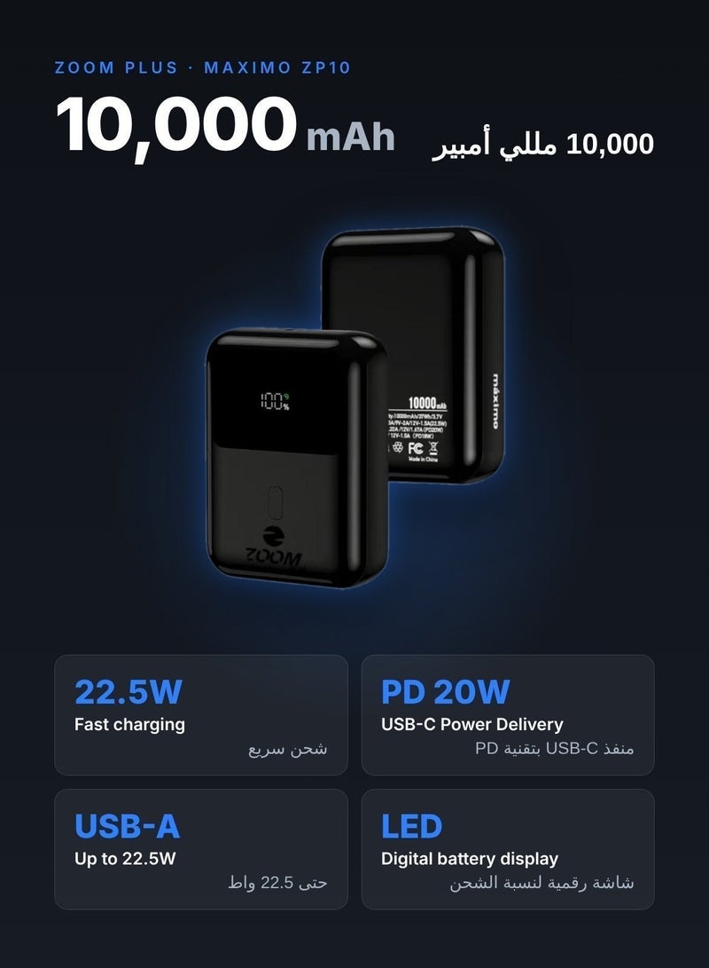 Zoom Plus Maximo 10000mAh Power Bank, 22.5W Fast Charging Portable Charger with USB-C PD 20W and USB-A Output, Compact Battery Pack for iPhone, Samsung and Android Phones (ZP10, Black) - Image 2