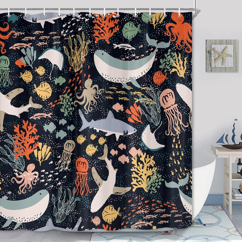 Lacoiime Shark Shower Curtain Black Boho Ocean Fish Shower Curtain Abstract Underwater Animal Cartoon Bathroom Curtain with Colorful Fabric Shower Curtains for Kids Bathtub Decor 69 X 70 inch
