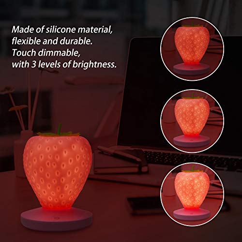 LVOERTUIG Strawberry Night Light, Cute Silicone Strawberry Lamp, LED Cute Night Light, Bedside Color Changing Lamp, 3 Modes Touch for Birthday, Christmas - Image 2