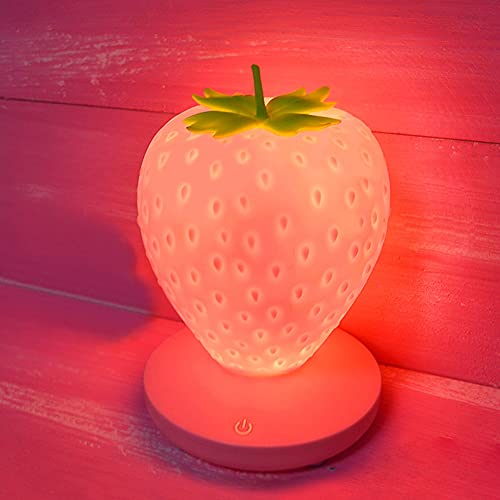 LVOERTUIG Strawberry Night Light, Cute Silicone Strawberry Lamp, LED Cute Night Light, Bedside Color Changing Lamp, 3 Modes Touch for Birthday, Christmas - Image 1