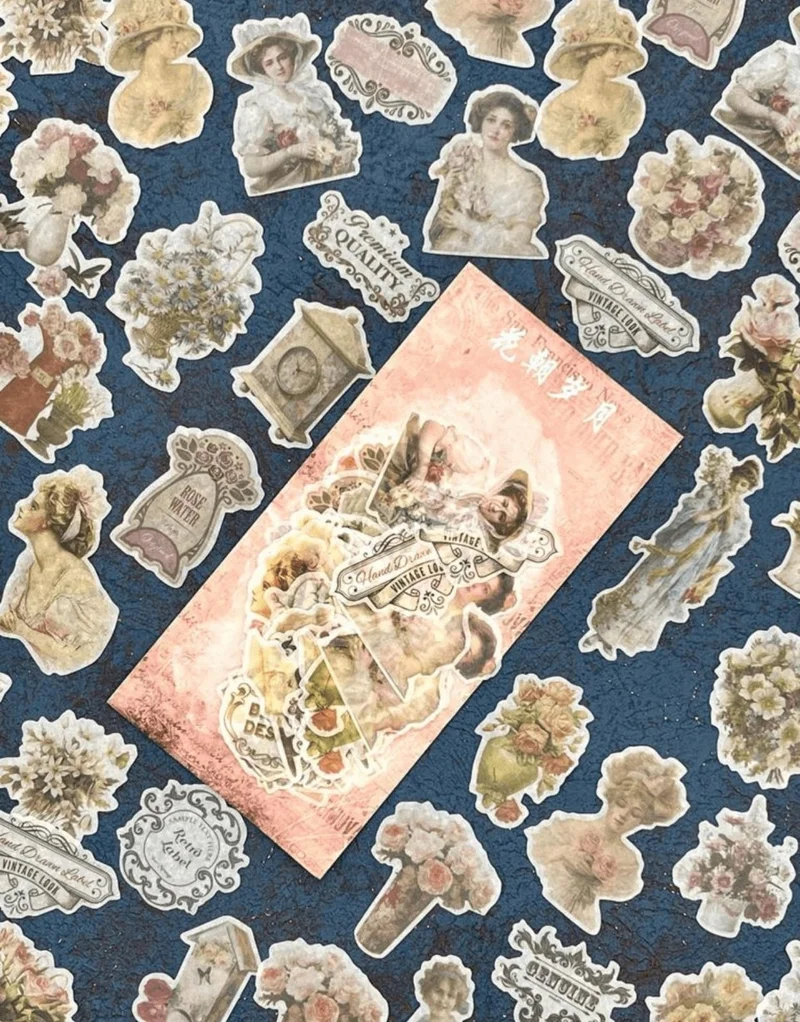 Kağıt Gemi Dükkan Paper Ship Shop Vintage Victorian Art and Flowers Patterned 60 Piece Sticker Set Decal Label Bullet Journal