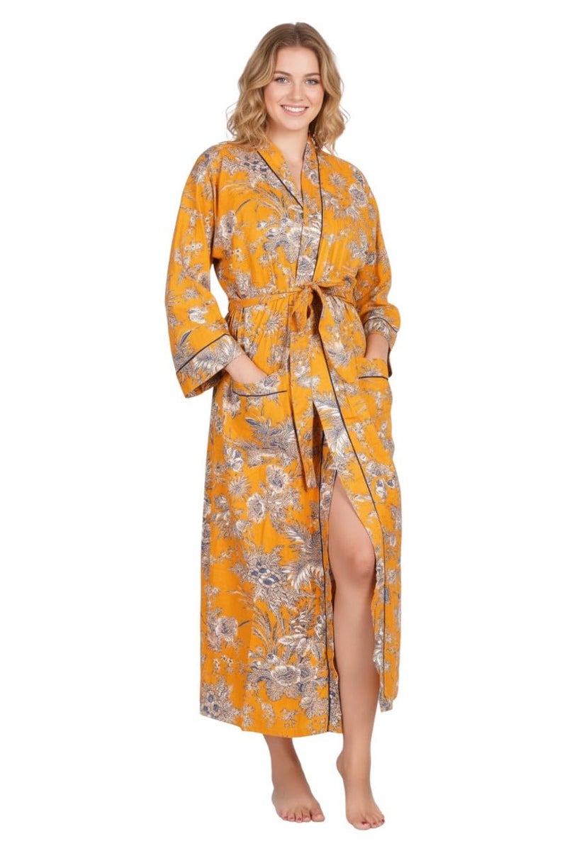 COTSILER Cotton Block Print Kimono Robe for Women Long Bathrobe with Belt & Pockets Soft Lightweight Nightwear Spa,Lounge or Cover-Up (US, Alpha, One Size, Regular, Regular, Design 1) - Image 1