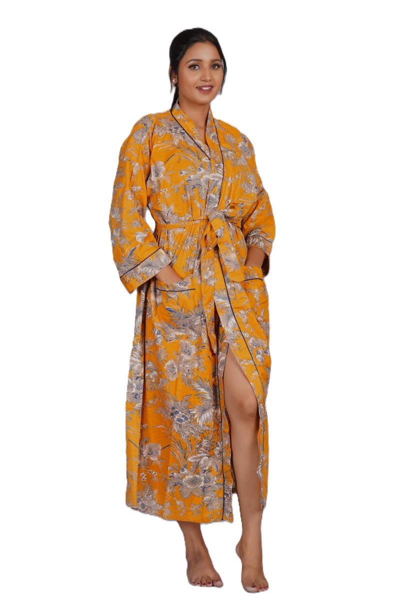 COTSILER Cotton Block Print Kimono Robe for Women Long Bathrobe with Belt & Pockets Soft Lightweight Nightwear Spa,Lounge or Cover-Up (US, Alpha, One Size, Regular, Regular, Design 1) - Image 3