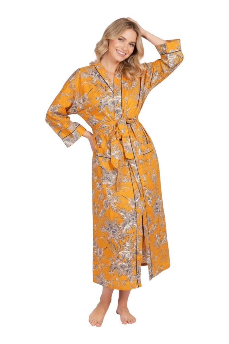 COTSILER Cotton Block Print Kimono Robe for Women Long Bathrobe with Belt & Pockets Soft Lightweight Nightwear Spa,Lounge or Cover-Up (US, Alpha, One Size, Regular, Regular, Design 1) - Image 2