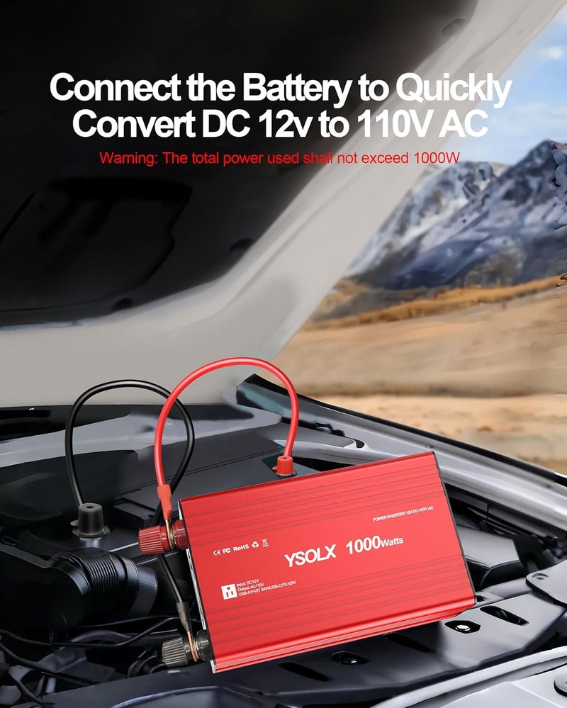 YSOLX 1000W Power Inverter 12V to 110V - DC to AC Converter with USB-C 65W/USB-A 24W, Dual AC Outlet, 1000 Watt Inverter Suitable for 12v Truck/Rv/Camping/Home - Image 4