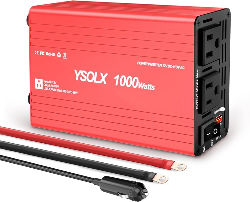 YSOLX 1000W Power Inverter 12V to 110V - DC to AC Converter with USB-C 65W/USB-A 24W, Dual AC Outlet, 1000 Watt Inverter Suitable for 12v Truck/Rv/Camping/Home - Image 1