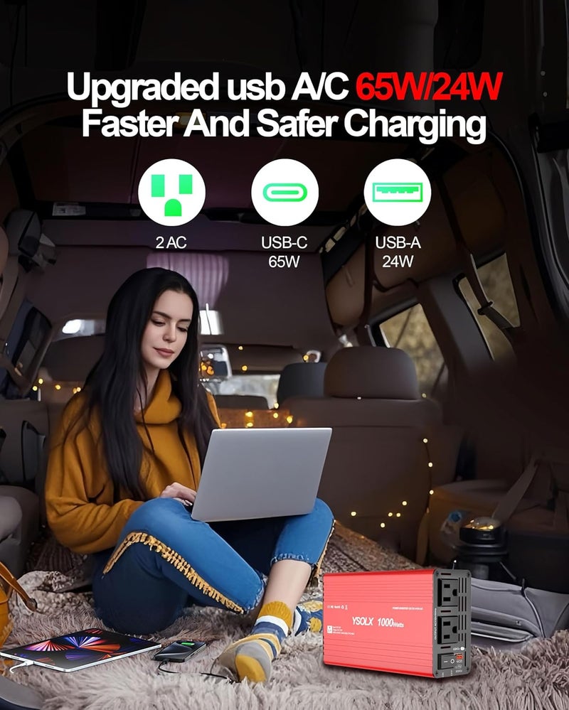 YSOLX 1000W Power Inverter 12V to 110V - DC to AC Converter with USB-C 65W/USB-A 24W, Dual AC Outlet, 1000 Watt Inverter Suitable for 12v Truck/Rv/Camping/Home - Image 2