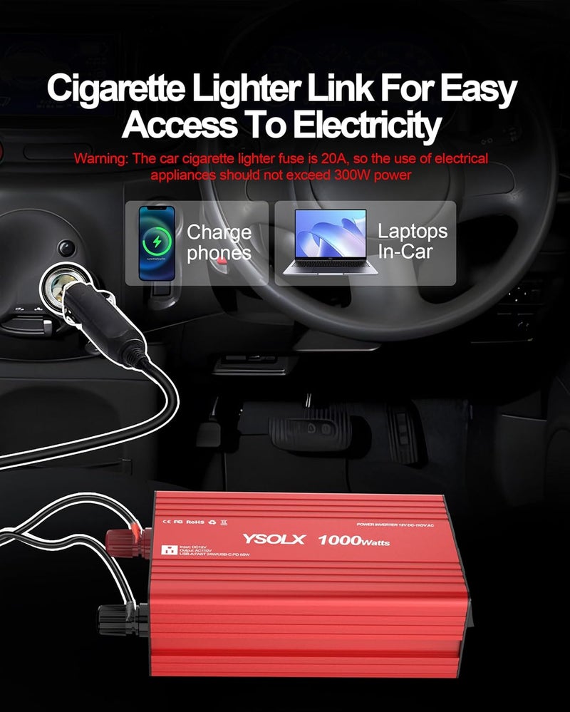 YSOLX 1000W Power Inverter 12V to 110V - DC to AC Converter with USB-C 65W/USB-A 24W, Dual AC Outlet, 1000 Watt Inverter Suitable for 12v Truck/Rv/Camping/Home - Image 3