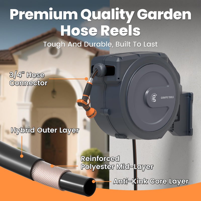 Giraffe Tools Retractable Garden Hose Reel, 5/8" x 62 ft Wall Mounted Hose Reels with 180Â° Swivel Bracket, Any Length Lock Hose Reel with 9- Function Sprayer Nozzle - Image 4
