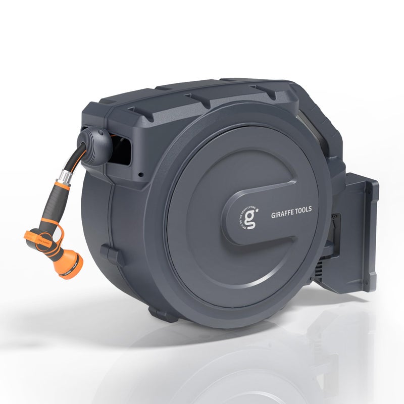 Giraffe Tools Retractable Garden Hose Reel, 5/8" x 62 ft Wall Mounted Hose Reels with 180Â° Swivel Bracket, Any Length Lock Hose Reel with 9- Function Sprayer Nozzle - Image 1