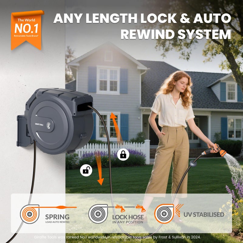 Giraffe Tools Retractable Garden Hose Reel, 5/8" x 62 ft Wall Mounted Hose Reels with 180Â° Swivel Bracket, Any Length Lock Hose Reel with 9- Function Sprayer Nozzle - Image 2
