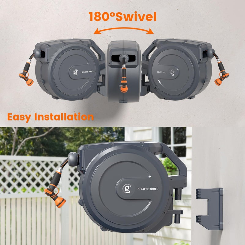 Giraffe Tools Retractable Garden Hose Reel, 5/8" x 62 ft Wall Mounted Hose Reels with 180Â° Swivel Bracket, Any Length Lock Hose Reel with 9- Function Sprayer Nozzle - Image 3
