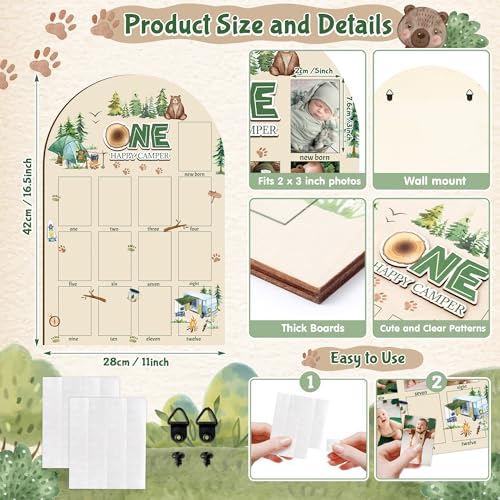R HORSE My First Year Photo Display Wood Board - 3D One Happy Camper Baby's First Year Picture Frame, 12 Months Camping Milestone Board Neutral Keepsake Gift 1st Birthday Nursery Decor for Boy Girl - Image 2