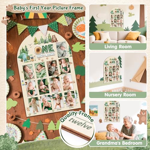 R HORSE My First Year Photo Display Wood Board - 3D One Happy Camper Baby's First Year Picture Frame, 12 Months Camping Milestone Board Neutral Keepsake Gift 1st Birthday Nursery Decor for Boy Girl - Image 3