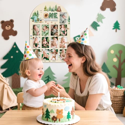 R HORSE My First Year Photo Display Wood Board - 3D One Happy Camper Baby's First Year Picture Frame, 12 Months Camping Milestone Board Neutral Keepsake Gift 1st Birthday Nursery Decor for Boy Girl - Image 4