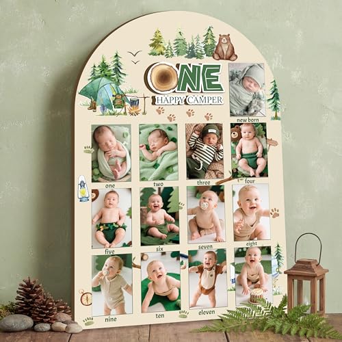 R HORSE My First Year Photo Display Wood Board - 3D One Happy Camper Baby's First Year Picture Frame, 12 Months Camping Milestone Board Neutral Keepsake Gift 1st Birthday Nursery Decor for Boy Girl - Image 1