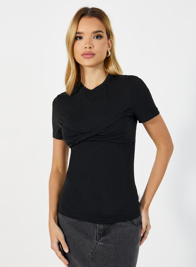 Styli Solid Short Sleeves Round Neck Fitted T-Shirt  - Image 1