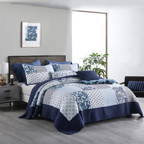 ENASAL Cotton Bedspread Quilt Sets Reversible Bedding Coverlet Sets Luxury Blue White Floral Real Patchwork Bedspread, Queen Size - Image 2