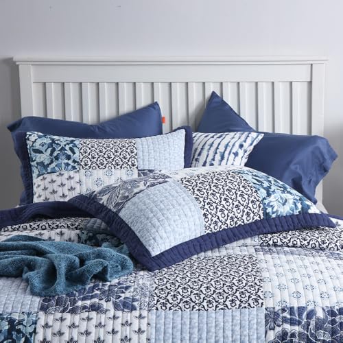 ENASAL Cotton Bedspread Quilt Sets Reversible Bedding Coverlet Sets Luxury Blue White Floral Real Patchwork Bedspread, Queen Size - Image 3