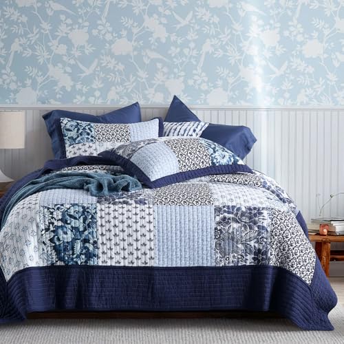 ENASAL Cotton Bedspread Quilt Sets Reversible Bedding Coverlet Sets Luxury Blue White Floral Real Patchwork Bedspread, Queen Size - Image 1