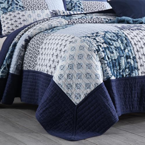 ENASAL Cotton Bedspread Quilt Sets Reversible Bedding Coverlet Sets Luxury Blue White Floral Real Patchwork Bedspread, Queen Size - Image 4