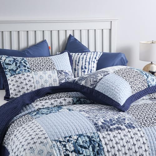 ENASAL Cotton Bedspread Quilt Sets Reversible Bedding Coverlet Sets Luxury Blue White Floral Real Patchwork Bedspread, Queen Size - Image 5