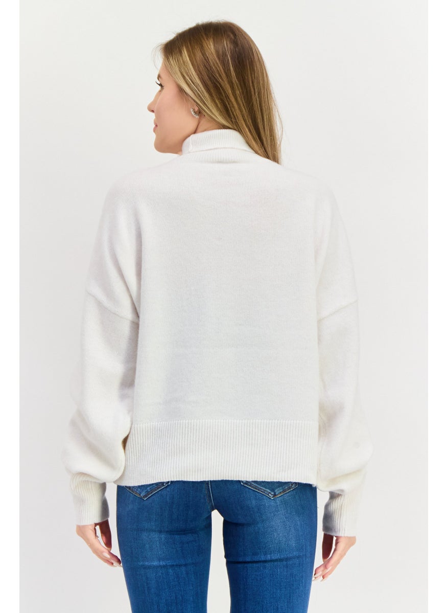 HUGO BOSS Women Turtle Neck Solid Sweater, White  - Image 3
