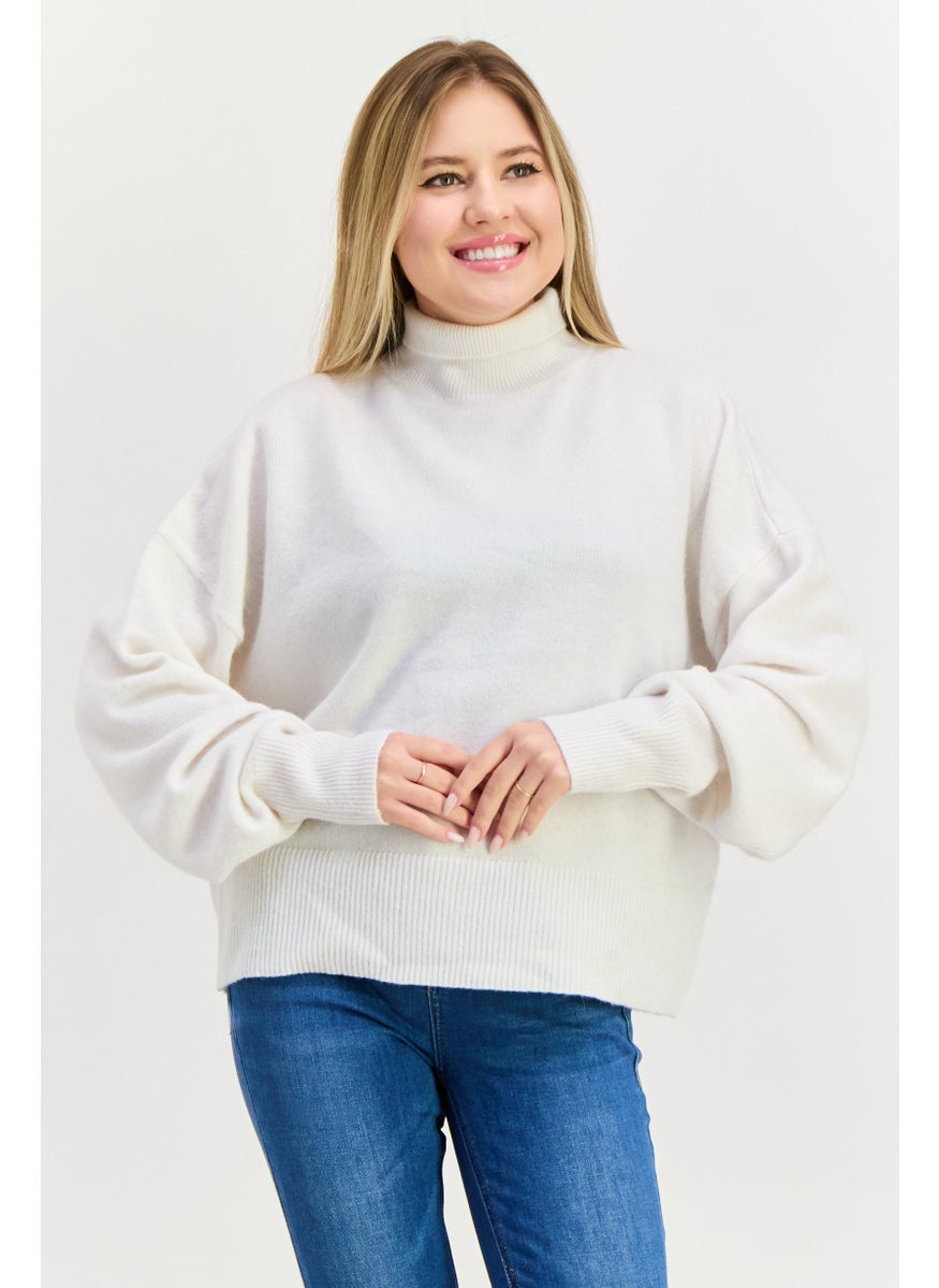 HUGO BOSS Women Turtle Neck Solid Sweater, White  - Image 1