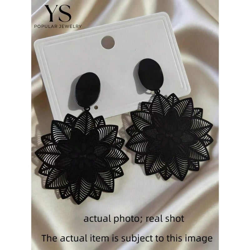 1pair Fashionable Ultra-Thin Computer-Etched Floral Earrings, High Quality Black Earrings, Perfect For Women's Daily  Wear - Image 3