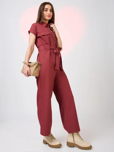 globus Women Shirt Collar Extended Sleeves Front Pockets Utility Belted Jumpsuit