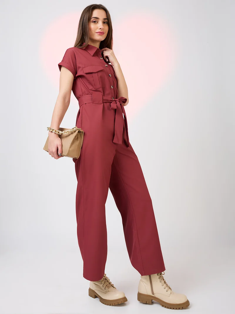 globus Women Shirt Collar Extended Sleeves Front Pockets Utility Belted Jumpsuit