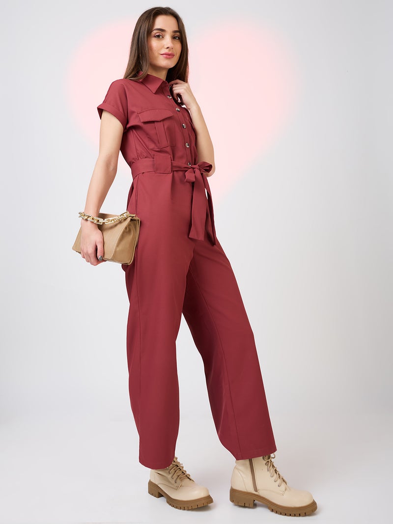 globus Globus Women Shirt Collar Extended Sleeves Front Pockets Utility Belted Jumpsuit - Image 1