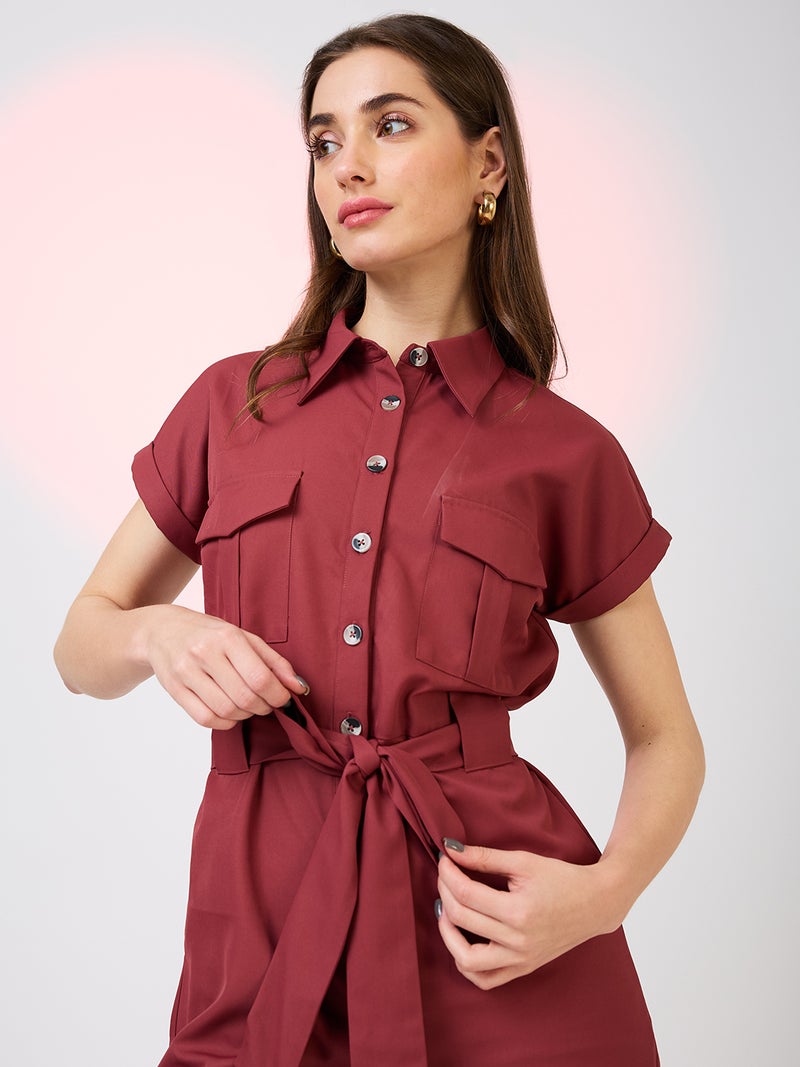 globus Globus Women Shirt Collar Extended Sleeves Front Pockets Utility Belted Jumpsuit - Image 5
