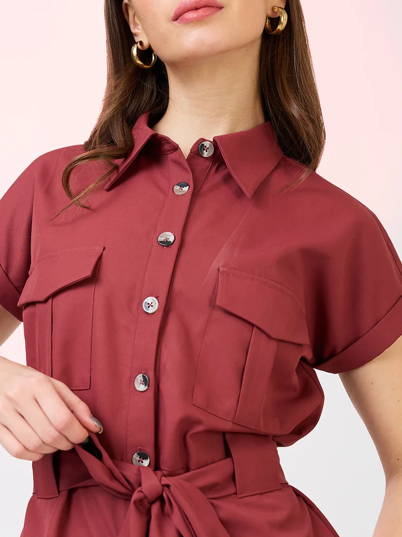 globus Women Shirt Collar Extended Sleeves Front Pockets Utility Belted Jumpsuit
