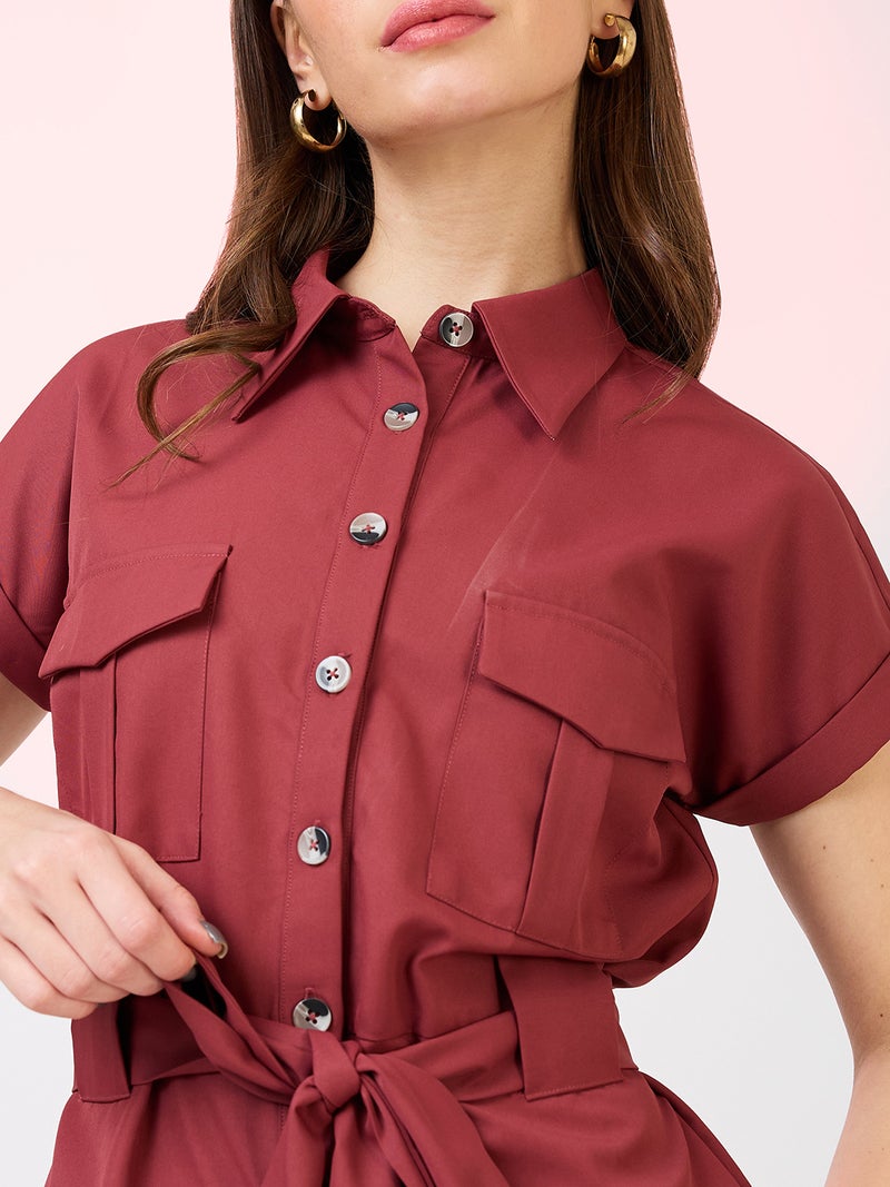 globus Globus Women Shirt Collar Extended Sleeves Front Pockets Utility Belted Jumpsuit - Image 4