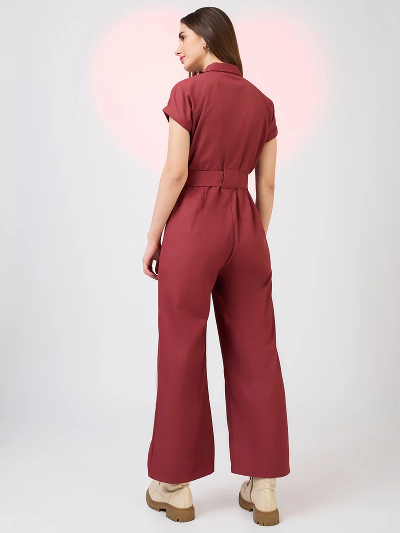 globus Women Shirt Collar Extended Sleeves Front Pockets Utility Belted Jumpsuit