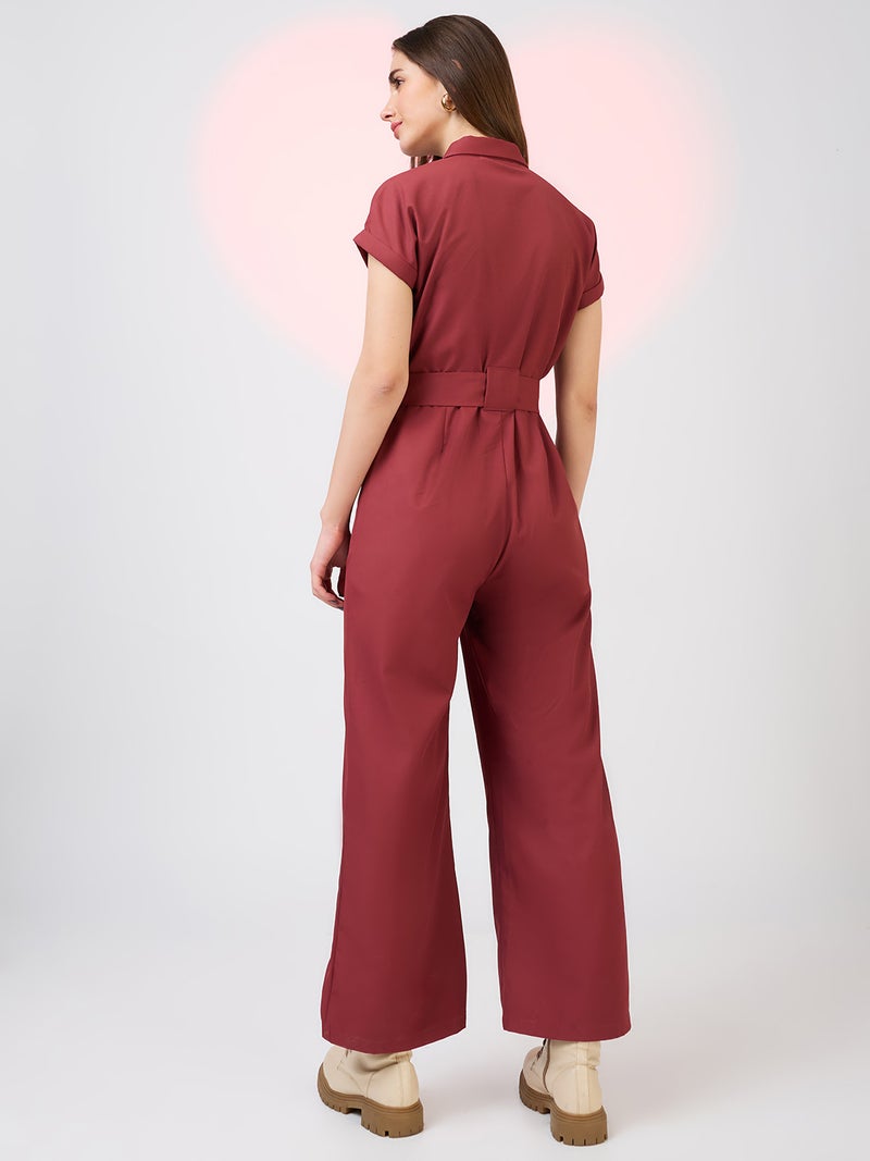 globus Globus Women Shirt Collar Extended Sleeves Front Pockets Utility Belted Jumpsuit - Image 3