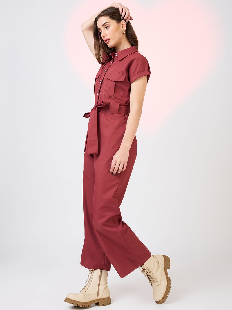 globus Globus Women Shirt Collar Extended Sleeves Front Pockets Utility Belted Jumpsuit - Image 2