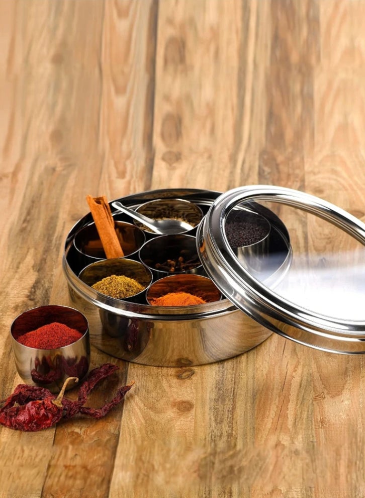 Ayda Spice Box with Clear Lid Container Masala Dabba With 7 Compartments, Stainless Steel Masala Box 21cm - Image 1