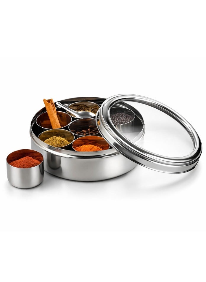 Ayda صندوق توابل مع غطاء شفاف حاوية ماسالا دابا مع 7 أقسام، صندوق ماسالا من الفولاذ المقاوم للصدأ 21 سم - Image 4