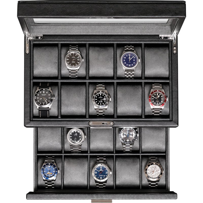 ROTHWELL 20 Slot Leather Watch box Luxury Case Display Jewelry Organizer Locking Display Case Holder with Large Real Glass Top Watch Box Organizer for Men and Women BlackGrey