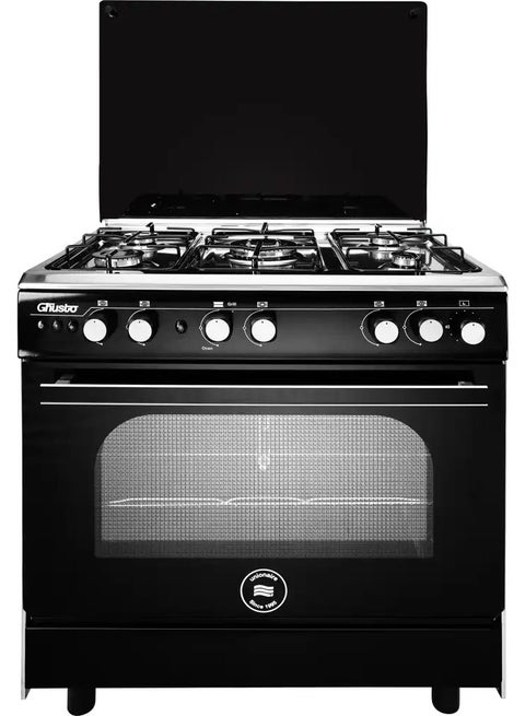 Unionaire 5-burner gas stove, oven and grill, 60/80, black, stainless steel surface with fan,
