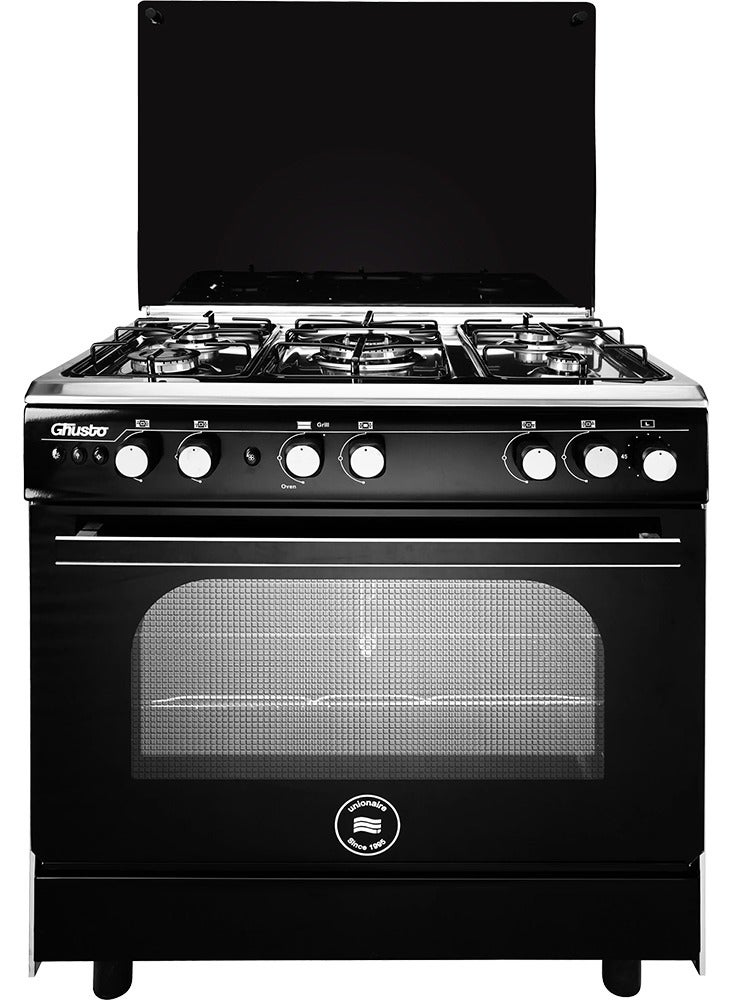 Unionaire 5-burner gas stove, oven and grill, 60/80, black, stainless steel surface with fan,