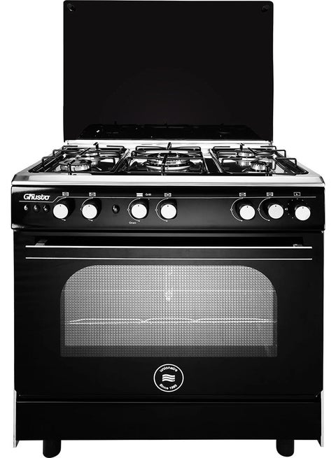 Gas cooker, 5 burners, safety oven and grill, 60/80 cm, Gusto stainless steel, complete with fan, 2 knobs for oven and grill